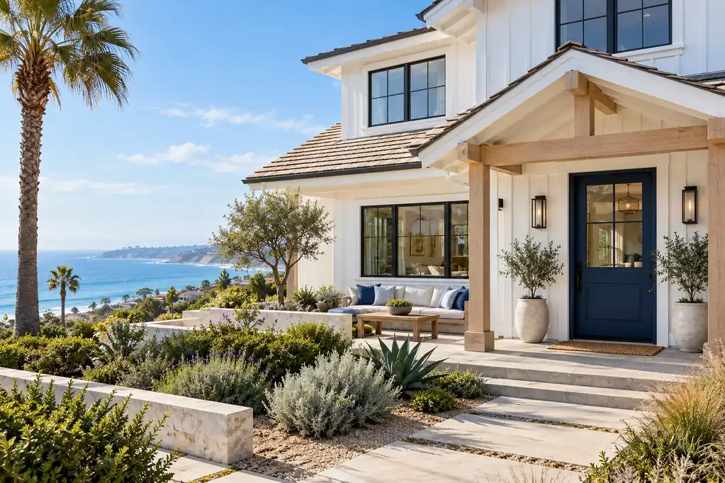 Illustrative coastal California home with a blue front door